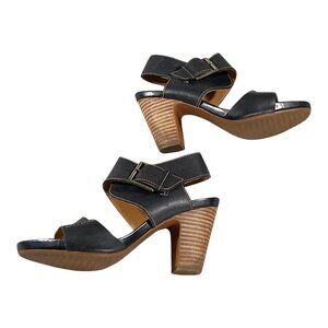 Clarks Sandals Womens 8 Black Leather Artisan Okena Mod  Open Toe Buckle Chic